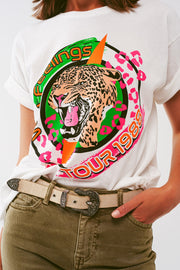 T-Shirt With Tiger Print Logo in White