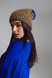 Knitted Beanie With Pom Pom in Blue and Yellow