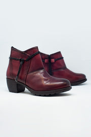 Maroon Blocked Mid Heeled Ankle Boots With Round Toe