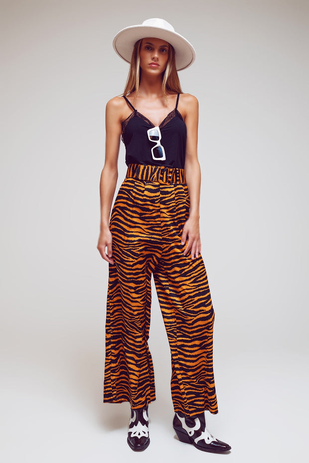 Animal Print Straight Leg Pants With Wide Buckle Belt