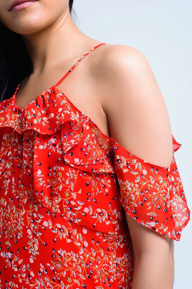 Red Dress With Printed Flowers and Ruffles