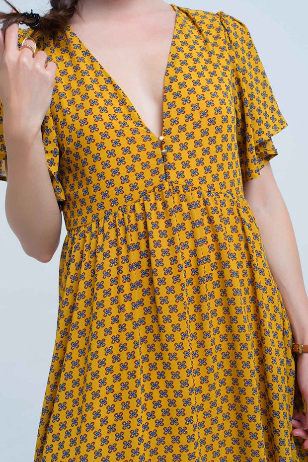 Yellow Dress With Flight and Geometric Pattern