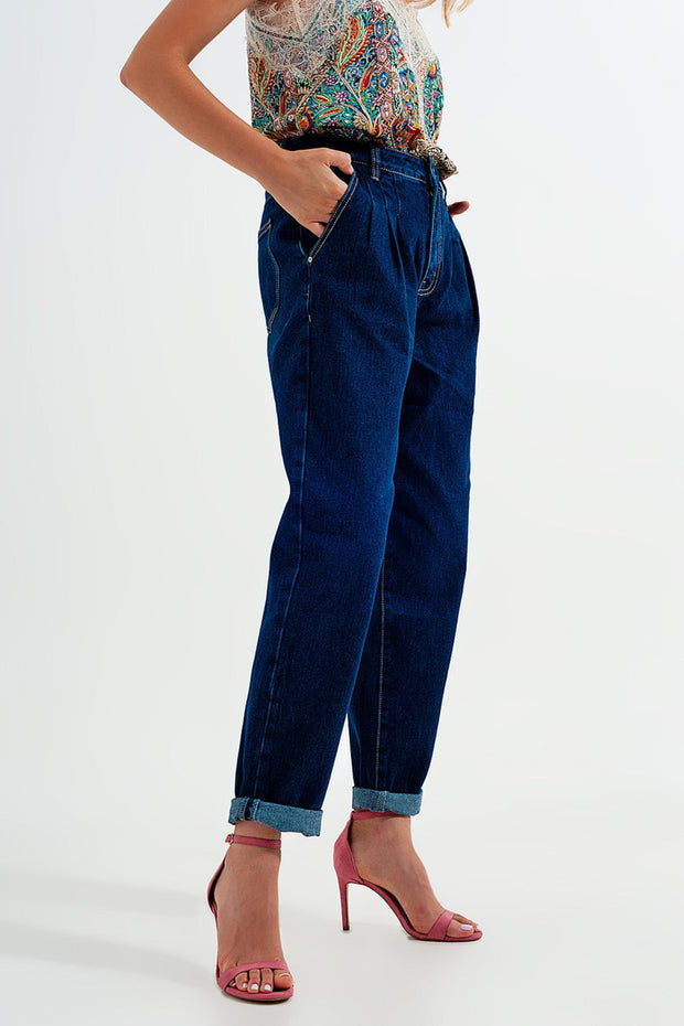 Relaxed Fit Pleat Front Jeans in Dark Blue