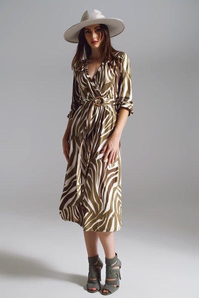 Midi Belted Wrap Dress in Olive Green and Cream Zebra Print