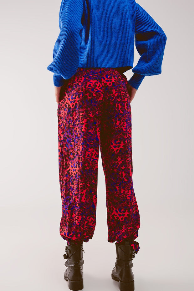 Animal Print Belted Straight Leg Pants in Red