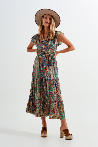 Dressed Ruffle Hem Midaxi Dress in Paisley Print in Green