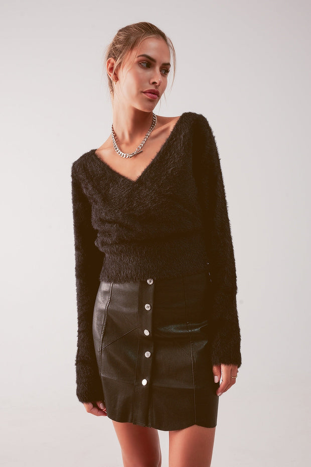 Fluffy v Neck Knit Jumper in Black