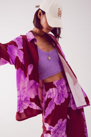 Satin Shirt in Fuchsia With Large Floral Print