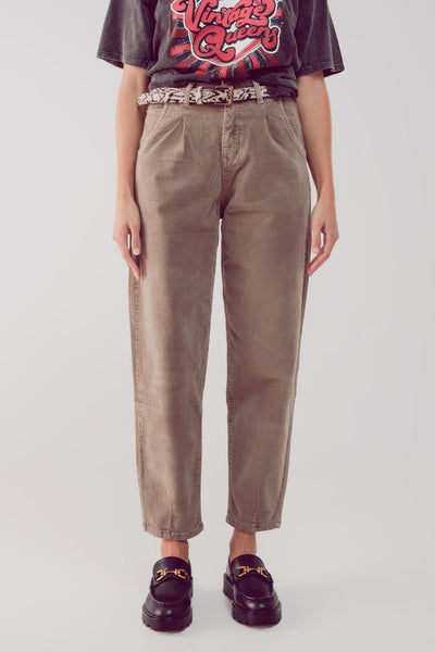 High Rise Slouchy Mom Pants in Beige Cord