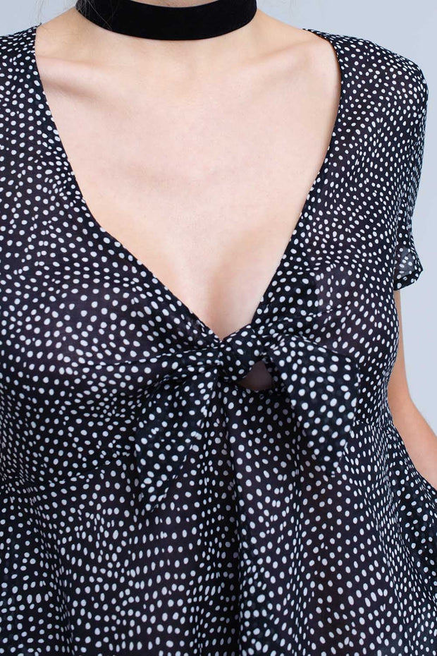 Black Polka Dot Top With Ruffle Hem