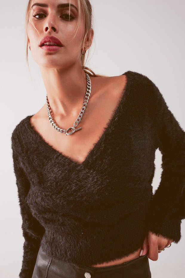 Fluffy v Neck Knit Jumper in Black