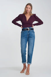 Paper Bag Waist Mom Jean in Dark Wash Blue