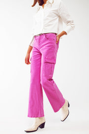 Straight Leg Cargo Jeans in Fuchsia