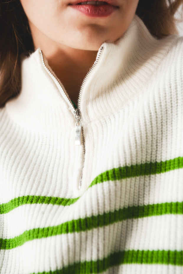 Striped Zip Up Collar Detail Sweater in Green