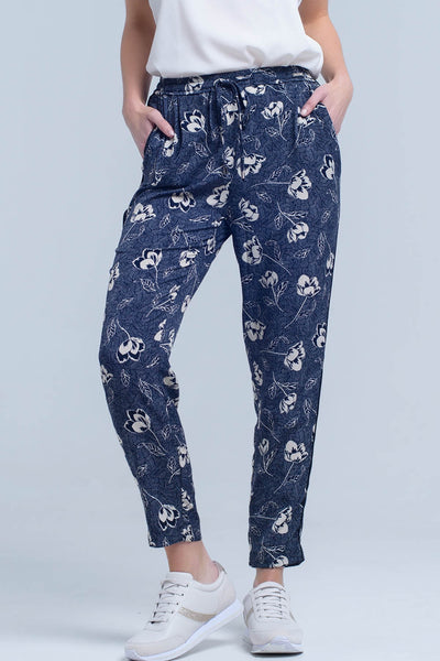 Navy Blue Pants With Floral Print