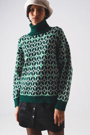 High Neck Jumper in Geo Pattern in Green