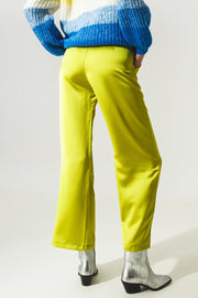 Wide Leg Satin Pants in Lime Green