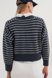 Striped Knitted Sweater With Wrangler Sleeves Blue and White