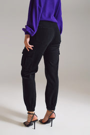 Black Cargo Pants With Elasticated Waist and Hem