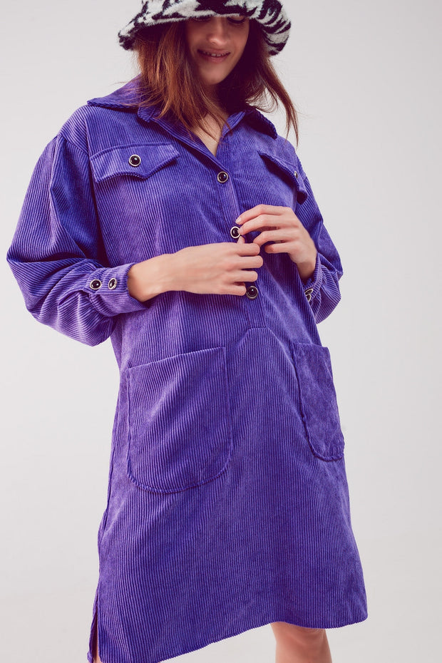 Cord Mini Shirt Dress in Purple