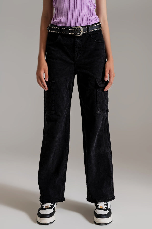 Straight Leg Cargo Jeans in Black