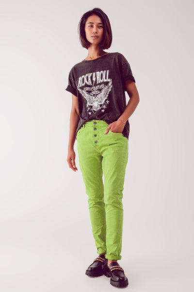 Exposed Buttons Skinny Jeans in Green