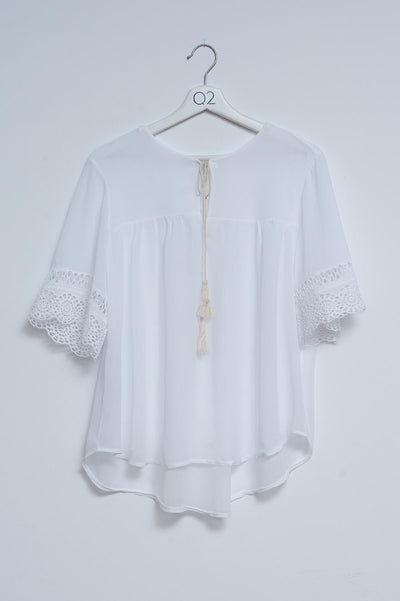 Broderie Tie Front Blouse in White