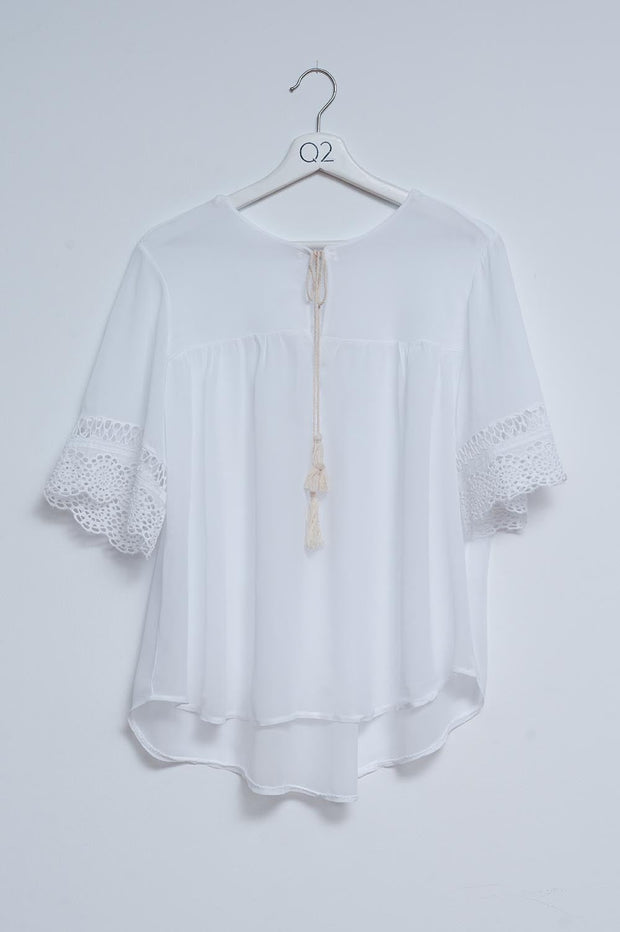 Broderie Tie Front Blouse in White