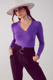 V Neck Fine Knit Jumper in Purple