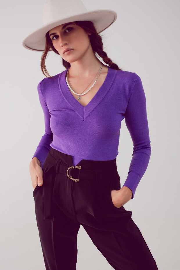 V Neck Fine Knit Jumper in Purple