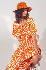 V Neck Midi Dress With Print in Orange