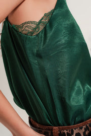 Lace Insert Satin Cami Top in Green