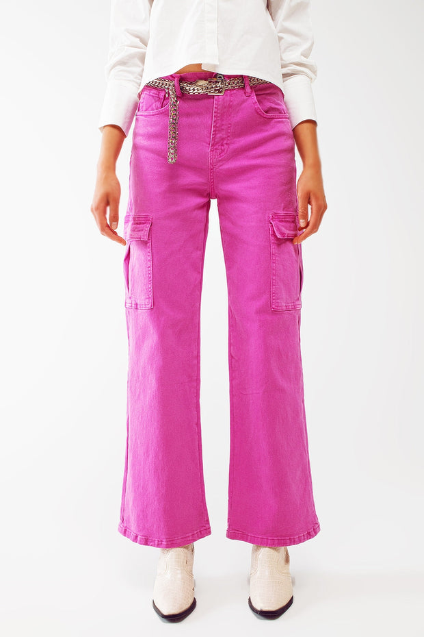 Straight Leg Cargo Jeans in Fuchsia