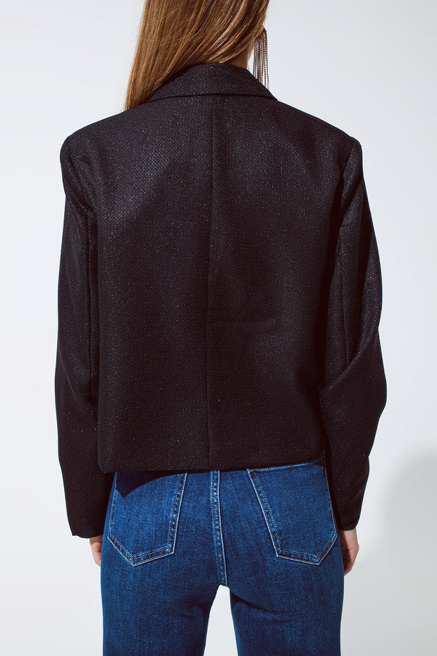 Oversized Cropped Blazer Vichy Design and Metallic Details in Black