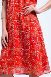 Red Dress With Printed Flowers and Ruffles