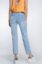 Wide Leg Cropped Raw Hem Jeans in Blue Colour