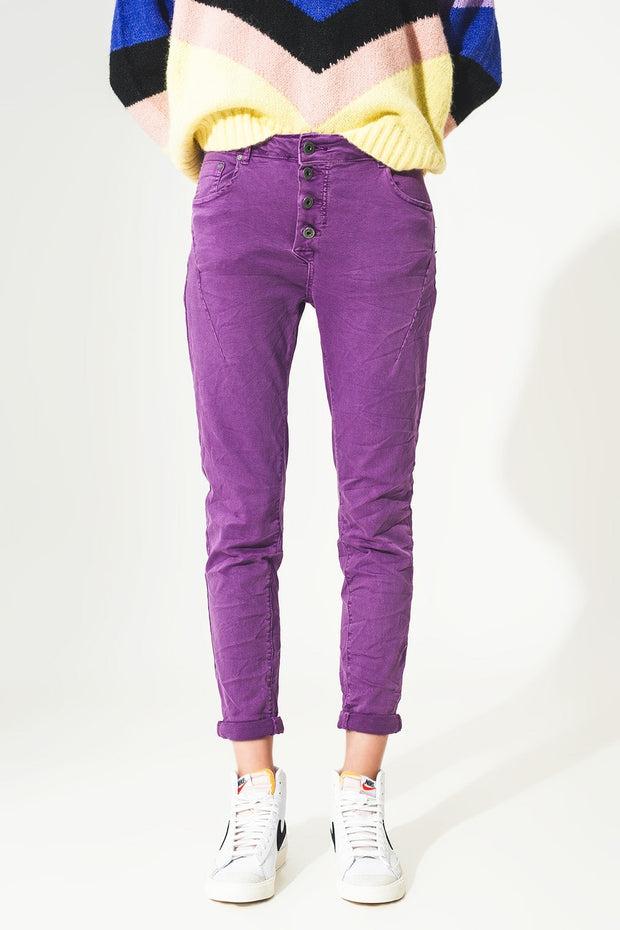 Exposed Buttons Skinny Jeans in Purple