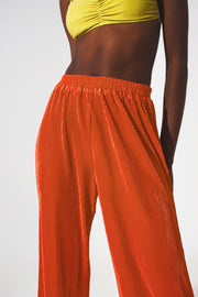 Satin Pleated Wide Leg Pants in Orange