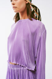 Pleated Round Neck Crop Top in Lilac