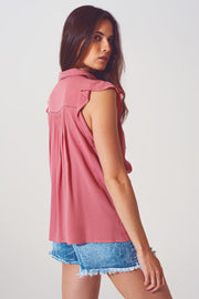 Blouse With Frill Short Sleeve in Pink