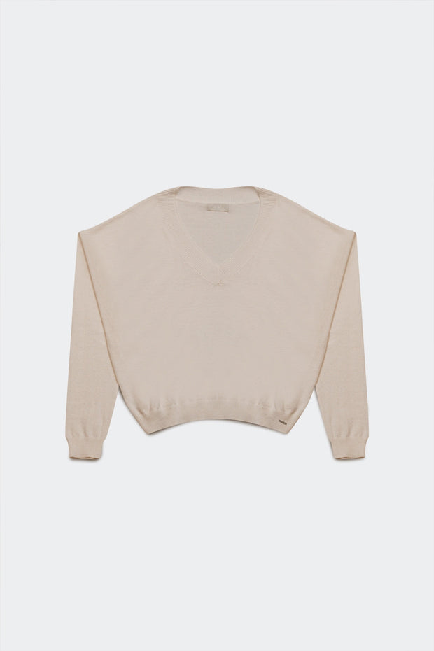 V Neck Fine Knit Sweater in Cream