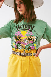 T-Shirt With Victory Text in Grayish Green