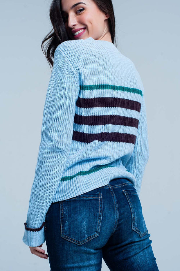 Blue Rib Stitch Sweater With Stripes