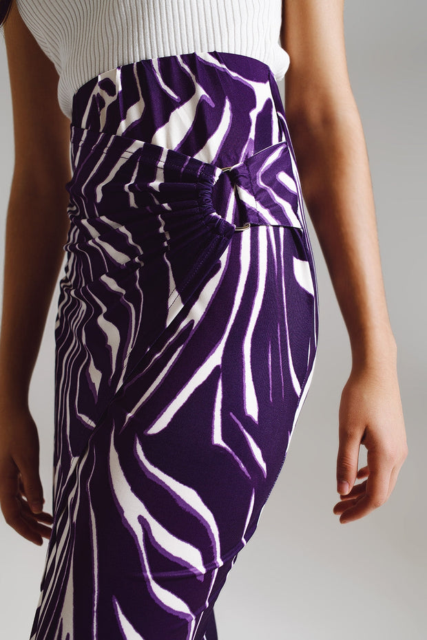 Wrap Skirt With Gathered Detail at the Side in Purple and Cream Zebra Print