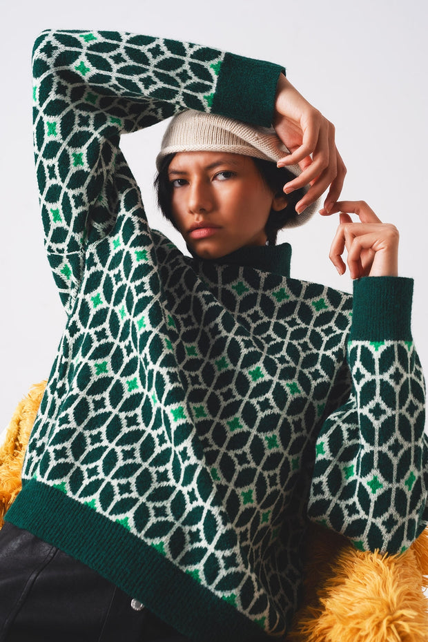 High Neck Jumper in Geo Pattern in Green