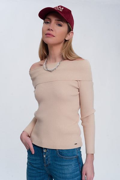 Rib Bardot Jumper in Beige