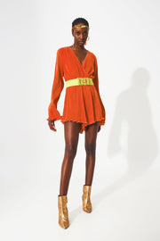 Satin Wrap Deatil Pleated Short Jumpsuit in Orange