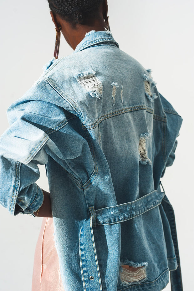 Distressed Denim Jacket With Belt in Light Wash