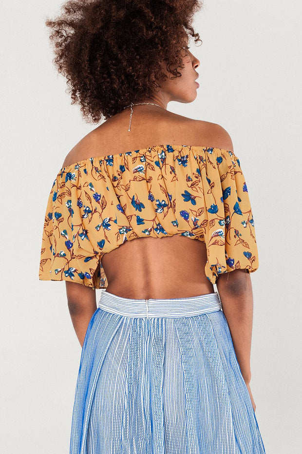 Off Shoulder Floral Crop Top in Mustard