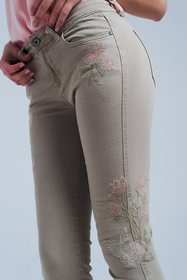 Beige Jeans With Floral Embroidery